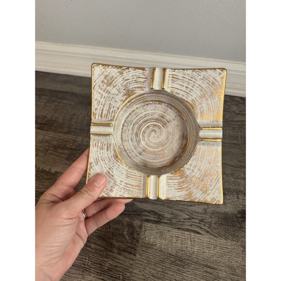 Vintage Royal Haeger Ashtray Square Gold Tweed White Swirl MCM Retro Atomic 7” - Picture 3 of 11